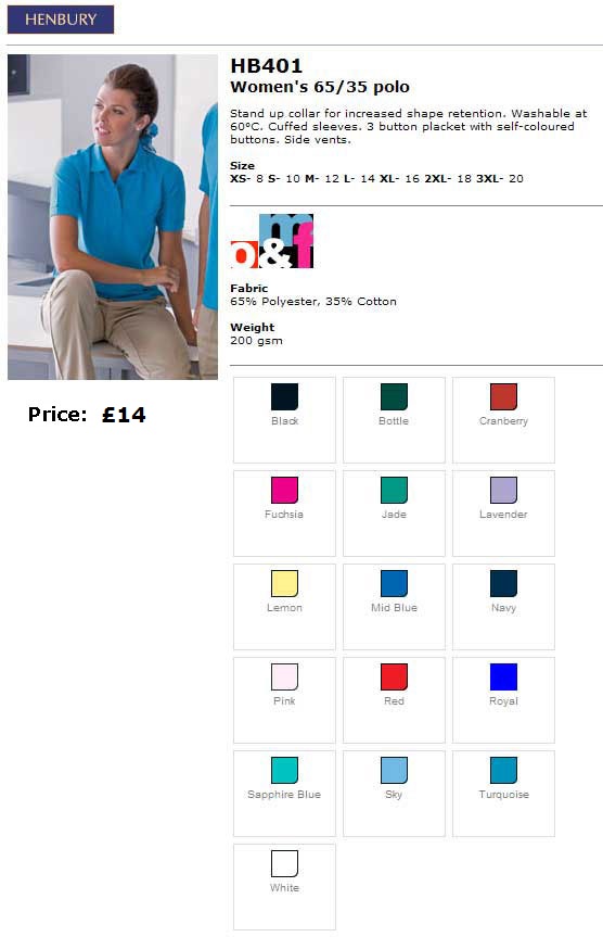 Ladies poloshirt sizes and colours