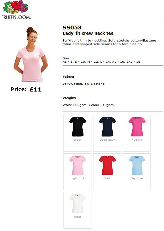 Ladies teeshirt colours and sizes