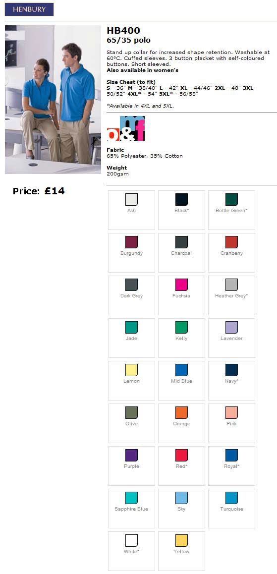 Mens Poloshirt colours and sizes