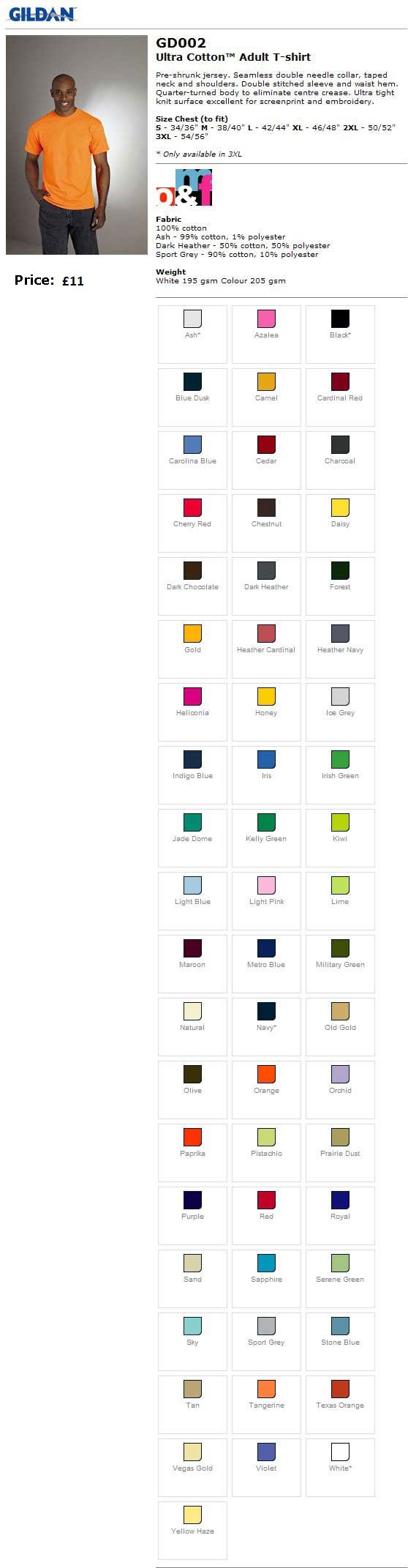 Colours and sizes of mens teeshirt